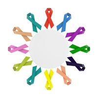 World Cancer Day With Colorful Ribbons around Blank White Circle Badge. 3d Rendering photo