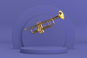 Polished Brass or Golden Trumpet over Violet Very Peri Cylinders Products Stage Pedestal. 3d Rendering photo