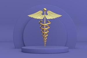 Golden Medical Caduceus Symbol over Violet Very Peri Cylinders Products Stage Pedestal. 3d Rendering photo