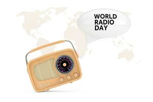 Yellow Vintage Radio with World Map, White Speech Bubble and World Radio Day Sign. 3d Rendering photo
