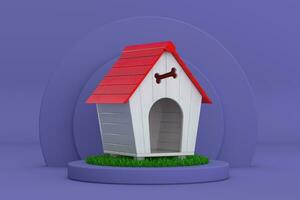 Wooden Cartoon Dog House with Red Roof over Violet Very Peri Cylinders Products Stage Pedestal. 3d Rendering photo