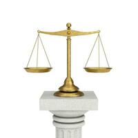 Vintage Classical Justice Golden Balanced Scales over Column Pedestal. 3d Rendering photo