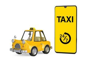 amarillo dibujos animados Taxi coche cerca moderno móvil teléfono con Taxi 24 7 7 Servicio solicitud. 3d representación foto