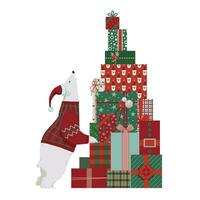 Christmas polar bear and pile of gifts. Funny cute white bear with presents. For greeting cards with Merry Christmas and New Year, decor, wrapping, and packaging design. Vector illustration EPS 10