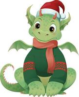 Cute green baby dragon in a Christmas hat and sweater. New year character for greeting cards with Merry Christmas and New Year, decor, wrapping, and packaging design. Vector illustration EPS 10