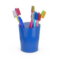 Many Multicolor Plastic Toothbrushes in Blue Plastic Glass. 3d Rendering photo