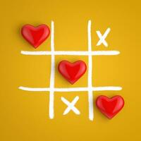 Red Hearts in Tic Tac Toe Game. 3d Rendering photo
