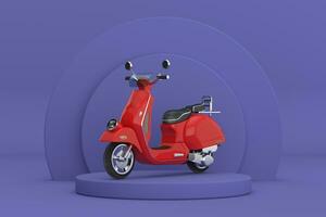 Red Classic Vintage Retro or Electric Scooter over Violet Very Peri Cylinders Products Stage Pedestal. 3d Rendering photo