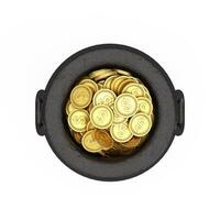 Iron Cauldron Pot full of Golden Coins. 3d Rendering photo