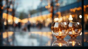 A candle in a glass is placed on the table. With beautiful bokeh light in the background. generative ai. photo