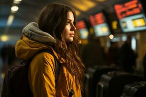 young woman at train station looking at destination board. Travel and public transport concept. generative ai. photo