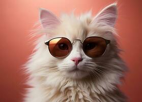 White fluffy cat in sunglasses Generative AI. photo