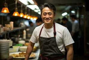 contento cocinero asiático hombre de un grande restaurante en un moderno cocina. generativo ai. foto