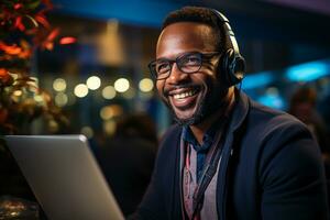 Telemarketer, sales agent on the phone wears a wireless headset, talks, consults an online customer on a computer, an African man hotline operator works in a customer support office. generative ai. photo