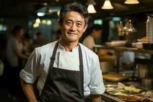 contento cocinero asiático hombre de un grande restaurante en un moderno cocina. generativo ai. foto