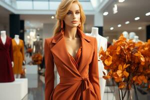 maniquí en un elegante chaqueta con un otoño Mira en un moderno Moda boutique en un escaparate. otoño moda. generativo ai. foto