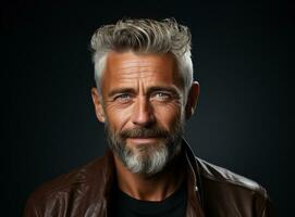 a close up photo portrait of a handsome old mature man smiling. guy with fresh stylish hair and beard with strong jawline on black background. Generative ai.