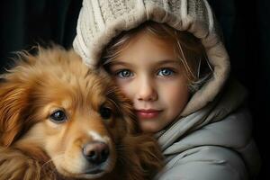 un pequeño niño abrazos su mascota dorado perdiguero. invierno actividad vacaciones. generativo ai. foto