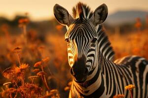 zebra in the field backlit warm lighting sunset nature. Generative AI. photo