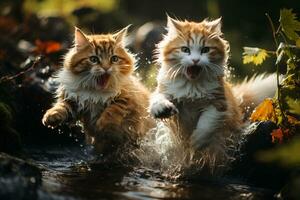 2 gatos luchando cada otro pata saltar al aire libre ambiente. generativo ai. foto