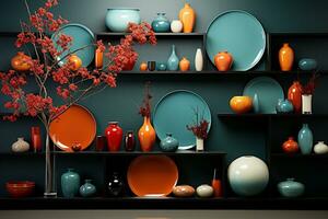 Beautiful black shelves with tableware and decor. Generative ai. photo