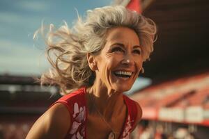 Happy mature woman running in the morning, exercise for weight loss in the stadium. generative ai. photo