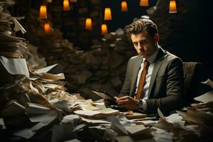 businessman overloaded with paperwork, feeling hopeless and exhausted. generative ai. photo