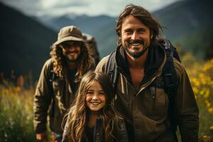 un sincero foto de un familia y amigos excursionismo juntos en el montañas en el vacaciones viaje semana. sudoroso caminando en el hermosa americano naturaleza. campos y colinas con césped. generativo ai.