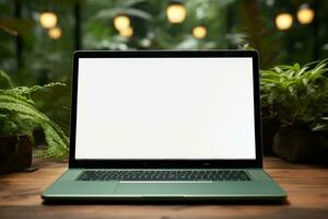 A laptop with a screensaver of white background, placed on a table in a lush forest. Generative Ai. photo