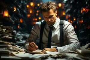 businessman overloaded with paperwork, feeling hopeless and exhausted. generative ai. photo