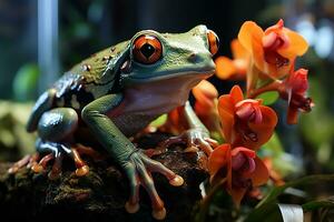 Green tree frog Agalychnis callidryas with red eye. Generative AI. photo