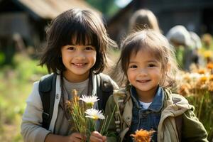 Cute children in the countryside. generative ai photo