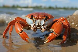 A crab on the beach daylight. Generative AI. photo