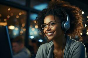 Telemarketer, sales agent on the phone wears a wireless headset, talks, consults an online customer on a computer, an African woman hotline operator works in a customer support office. generative ai. photo