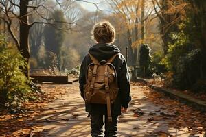 A young boy with a backpack is about to embark on an adventure in the outside world. The concept of adventure is to explore new places and experiences. Generative AI. photo