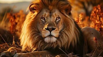 Lion Portrait On Savanna. safari photography light. Generative AI. photo