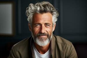 a close up photo portrait of a handsome old mature man smiling. guy with fresh stylish hair and beard with strong jawline on black background. Generative ai.