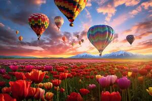 Flying on the balloon over the field of blooming flowers. generative ai photo