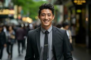 portrait of a handsome smiling young asian chinese businessman boss in a suit walking on a city street to his company office. Generative ai. photo