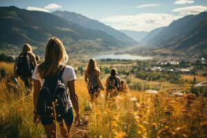 un sincero foto de un familia y amigos excursionismo juntos en el montañas en el vacaciones viaje semana. sudoroso caminando en el hermosa americano naturaleza. campos y colinas con césped. generativo ai.