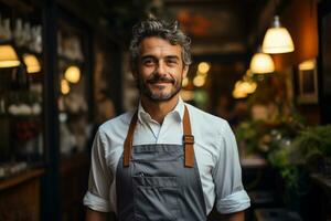 retrato de contento hombre en pie a puerta de su almacenar. alegre maduro camarero esperando para clientela a café tienda. generativo ai. foto