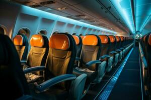 Empty aircraft seats and light shine porthole windows. generative ai. photo