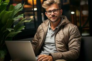 Young businessman or freelancer wears casual clothes while sitting and raising his hand while working with a laptop on a cozy sofa. Work from home. generative ai. photo