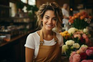 Portrait of a happy woman standing in her flower shop. generative ai. photo