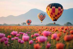 Flying on the balloon over the field of blooming flowers. generative ai photo