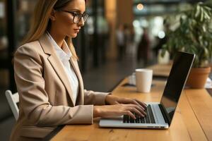 cerca arriba de negocio mujer manos mecanografía en ordenador portátil computadora, buscando y surf el Internet en oficina escritorio, en línea laboral, teletrabajo, persona de libre dedicación a trabajo concepto. generativo ai. foto