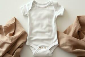 Blank white baby bodysuit shirt on natural textured fabric . toddler body mockup. generative ai. photo