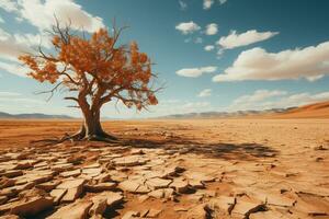 Lonely dead tree at drought cracked desert landscape. Global warming concept. Generative AI. photo