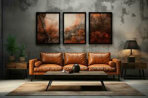 Frame gallery mockup in modern living room interior with leather sofa, minimalist industrial style. Generative ai. photo