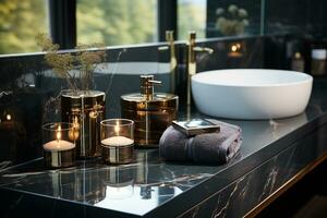 Plush bedroom scene of luxurious bathroom with black marble. Generative AI. photo